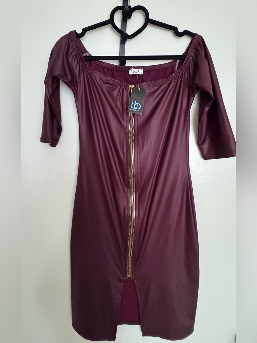 Women’s Off-Shoulder Burgundy Faux-Leather Dress with Front Zip